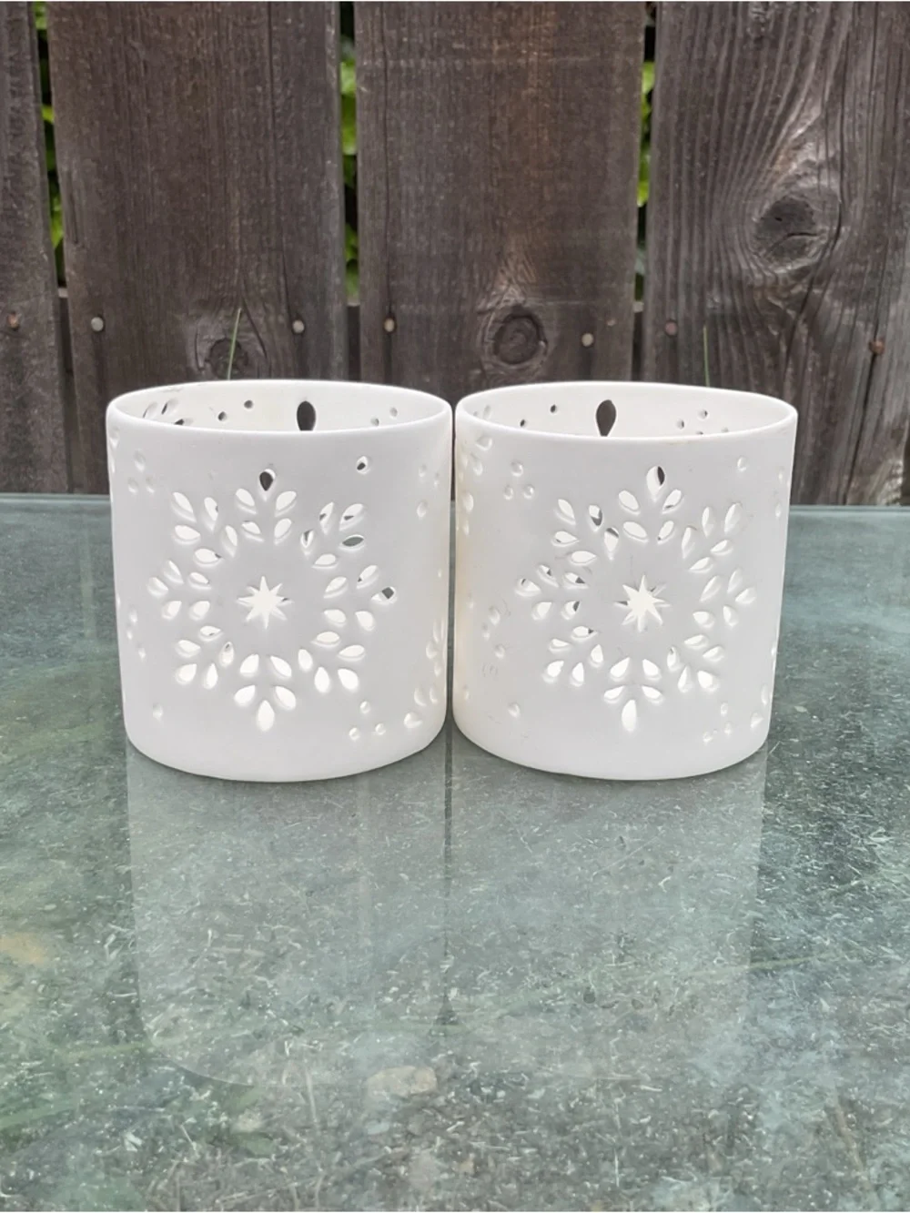Crate&Barrel White Ceramic Cutout Candle Holders — Pair